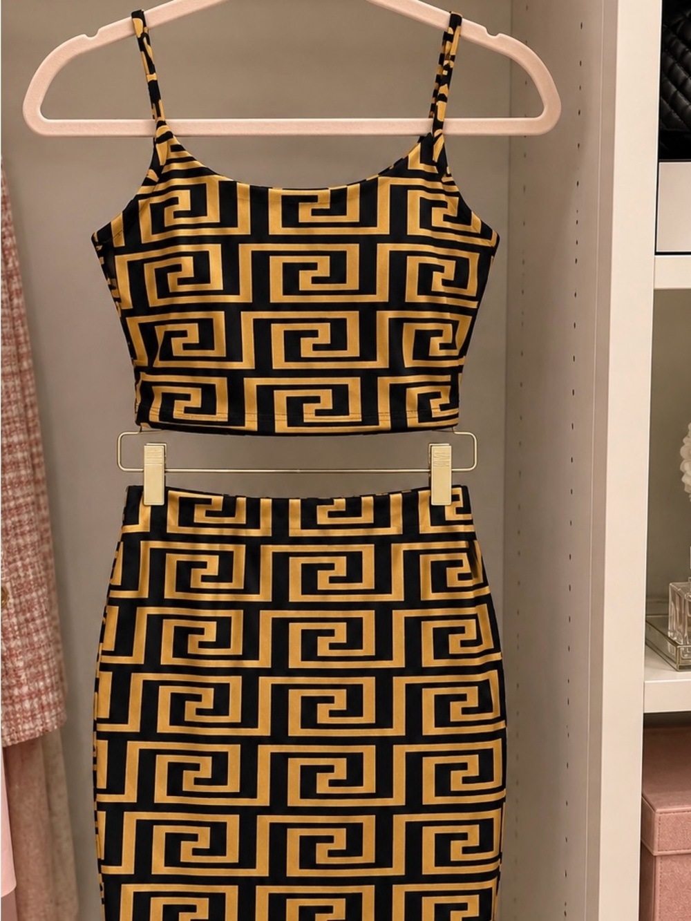 Black & Gold Geometric Two-Piece Skirt Set